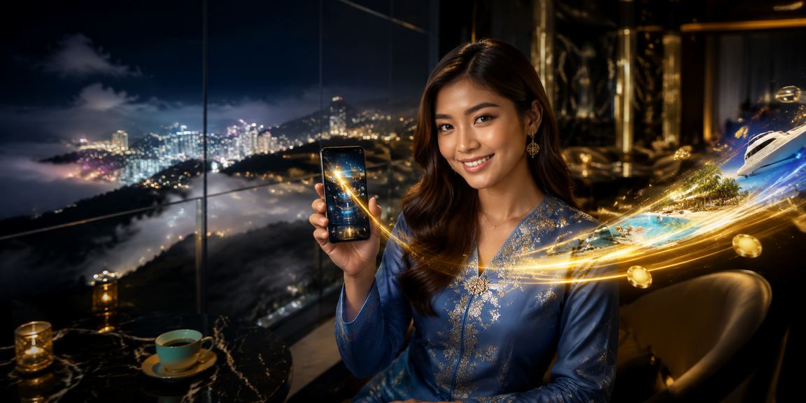 Mobile casino app user with a Genting Highlands theme, dressed in baju kurung