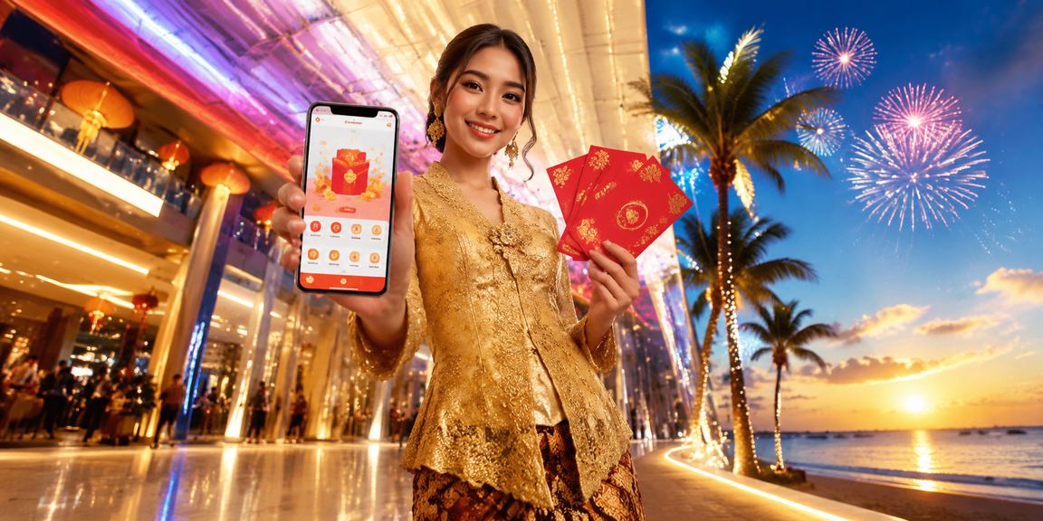 Online red envelope bonus with a Langkawi Malaysia kebaya-inspired background